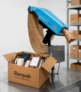 Fotografía del Relleno para cajas de la marca Ranpak junto al equipo de automatización
